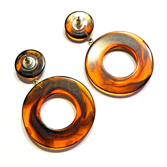 Vintage Y2K Mod Hoop Pierced Earrings Acrylic Faux Tortoise Shell Caramel Swirl - Picture 6 of 7